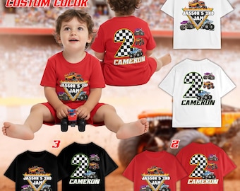 Personalized Name Monster Truck Birthday Boy All Over Print Shirt, Custom Color Racing Birthday Party Shirt, Family Matching Birthday Outfit