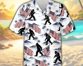 Camisa hawaiana de Bigfoot, camisa Aloha patriótica con la bandera estadounidense, camisa abotonada de Sasquatch para el 4 de julio, regalo del Día de la Independencia para hombres y mujeres.