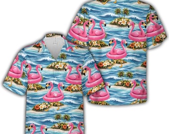 Camisa hawaiana Floatie Flamingo para hombre y mujer, camisa tropical Aloha playera con botones, camisa para fiestas de vacaciones de verano, regalo para atuendo de luau isleño