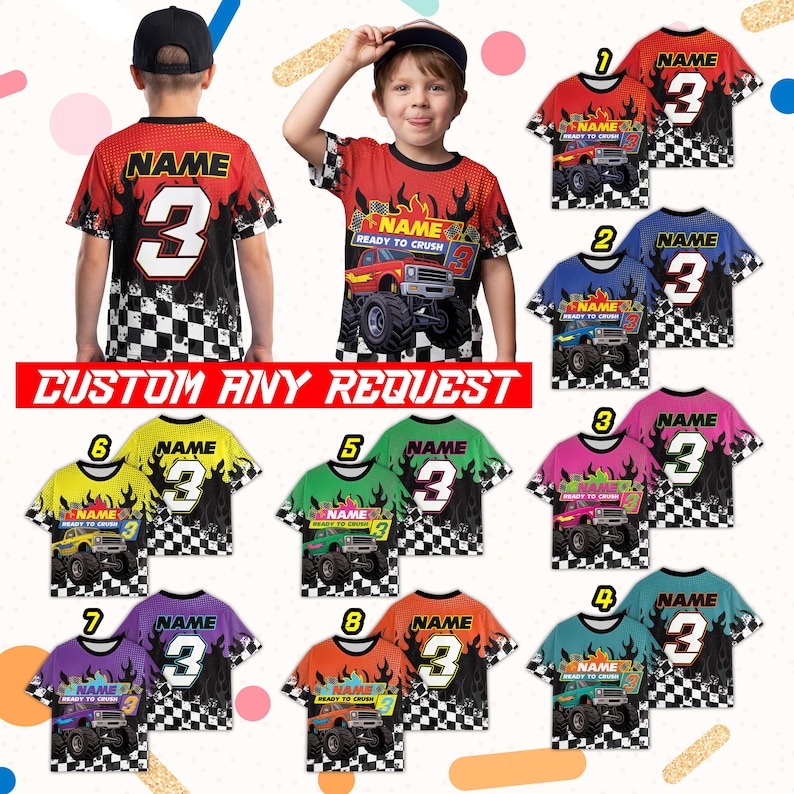 May include: A collection of colorful t-shirts featuring monster truck graphics, flames, and the number 3. The shirts are available in various colors, including red, blue, green, pink, purple, orange, and teal, with a checkered pattern.
