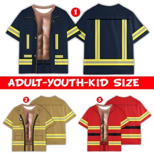 May include: Short-sleeve t-shirts featuring graphic prints of firefighter uniforms in navy blue, tan, and red. Each shirt displays a realistic torso print with reflective yellow stripes and pockets. The text ADULT-YOUTH-KID SIZE is visible.