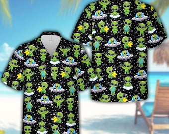 Baby Alien Star Hawaiian Shirt for Men Women, Funny Tropical Aloha Button Up, Summer Beach Vacation Party Shirt, Novelty Island Outfit Gift