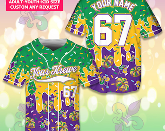 Personalized Name Mardi Gras Drip Baseball Jersey, Custom Sprinkles Ice Cream Fleur De Lis Jersey, Mardi Gras Festival Outfit For Krewes