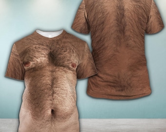 Funny Hairy Chest All Over Print Shirt, Dad Bod Illusion T-Shirt, Beer Belly Gag Gift For Dad & Husband, Novelty Beach Party Shirt For Men