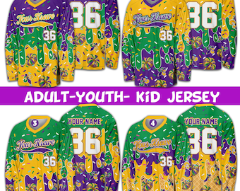 Camiseta de hockey personalizada con nombre de Mardi Gras, camiseta de hockey personalizada con flor de lis y helado Sprinkles, atuendo de carnaval de Mardi Gras para comparsas.