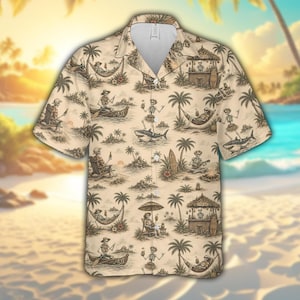 Chemise hawaïenne de plage squelette, chemise tropicale Aloha vintage avec motif d'île de cocktail de palmier requin pour cadeau d'été de vacances d'Halloween