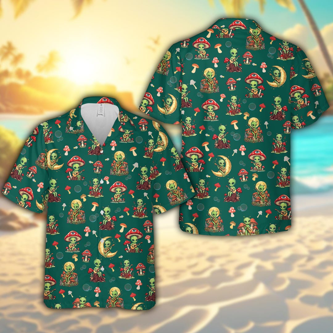 Vibing Alien Hawaiian Shirt for Men Women, Funny Tropical Aloha Button ...