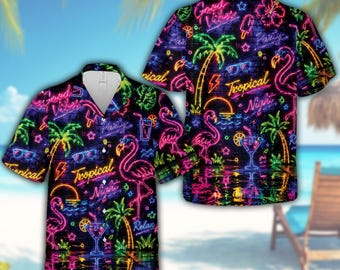 Neon Tropical Flamingo Hawaiian Shirt, Retro Night Aloha Button Up, Palm Tree Cocktail Beach Party Shirt, Summer Vacation Outfit Gift