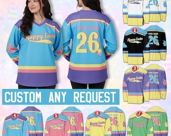 Camiseta de hockey de Pascua personalizada con nombre, conejito de Pascua en color personalizado, camiseta de Pascua a juego para toda la familia, para niños y adultos.