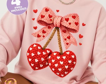 San Valentín de ganchillo falso PNG, lazo de corazones de punto, amor de ganchillo de hilo falso PNG, cereza de San Valentín PNG, PNG difuso, coqueta de hilo