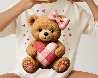 Faux Yarn Valentine's Day Teddy Bear Png, Coquette Valentines Png, Heart Design, Valentines Day shirt, Girls Valentines day