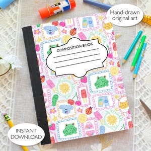 May include: A composition book with a colorful, patterned cover featuring hand-drawn illustrations of a dog, frog, ice pops, and other summer-themed images. The cover has a white label that says "COMPOSITION BOOK". The words "INSTANT DOWNLOAD" and "Hand-drawn original art" are also visible.