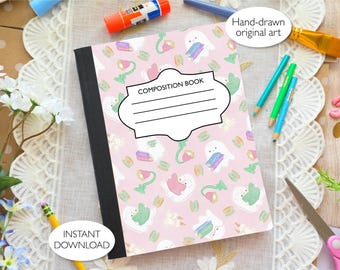 Cozy Bookish Ghosts Printable Composition Notebook Cover PNG | With SVG & PNG Labels | Childlike Pastel Design with Teacups | Hand drawn