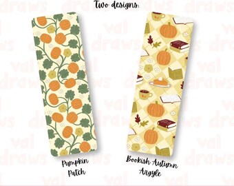 Bookish Autumn Argyle Printable Bookmarks | Two Designs | Cozy Fall Pumpkins Books Leaves | Hand drawn | Commercial Use