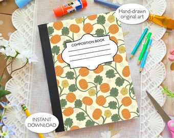 Fall Colors Pumpkin Patch Printable Composition Notebook Cover PNG | SVG & PNG Labels | Autumn Trailing Design | Hand drawn | Commercial Use