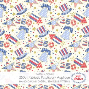 May include: A repeating pattern featuring patriotic symbols in red, white, and blue. The design includes top hats, stars, fireworks, and Liberty Bells, along with the number "250". The background is a cream color with small gold stars and dots.