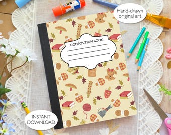 Bookish Autumn Dogs Printable Composition Notebook Cover PNG | SVG & PNG Labels | Hand drawn | Fall Mushrooms Design | Commercial Use