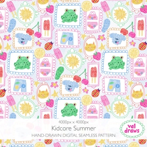 May include: A hand-drawn digital seamless pattern titled "Kidcore Summer" featuring framed illustrations of a sun, frog, dog, cat, popsicle, shorts, bikini, lemon, cherry, ladybug, and flowers in a repeating pattern. The design is in pastel colors.