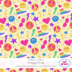 Preppy Pride Digital Seamless Pattern | Hand-drawn Faux Patchwork Applique | Commercial Use