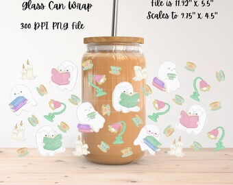 Cozy Bookish Ghosts Digital Glass Can Wrap | Book Lover's Childlike Pastel Design with Teacups | Hand-Drawn | Commercial Use