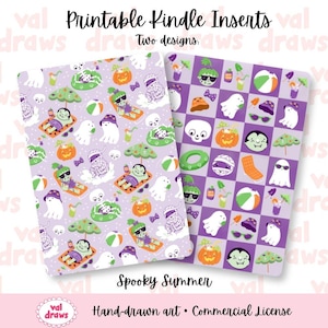 May include: Two printable Kindle inserts with a Spooky Summer theme. One features a repeating pattern of ghosts, pumpkins, and beach scenes in purple and green. The other has a checkerboard design with similar spooky summer icons.