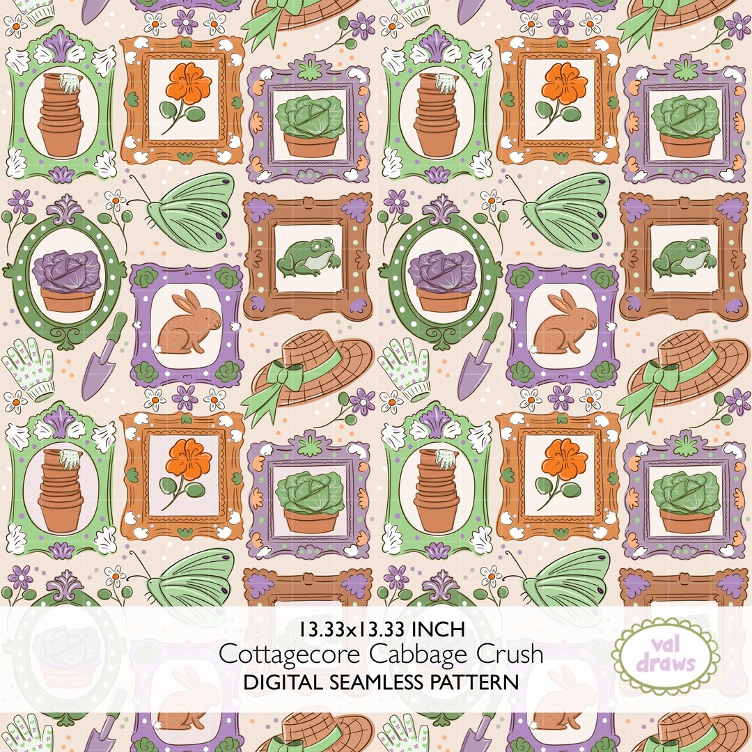 Cottagecore Cabbage Crush Hand-drawn Seamless Digital Pattern PNG ...