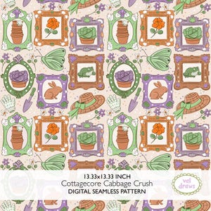 Pode incluir: Um padrão digital sem costura com ilustrações emolduradas de elementos de jardinagem. O design inclui imagens de plantas em vasos, flores, coelhos, rãs, borboletas, ferramentas de jardinagem e chapéus. A paleta de cores é suave, com tons de verde, roxo, laranja e castanho sobre um fundo bege.