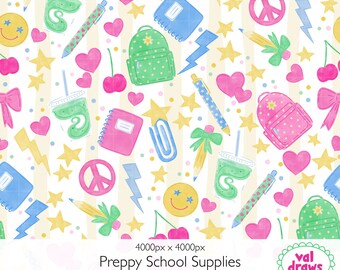 Preppy School Supplies and Matcha Digital Seamless Pattern | Back to School Sublimation Design | Yellow Striped Background | Commercial Use