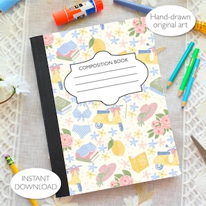May include: A composition book with a black spine and a white cover featuring a repeating pattern of yellow scooters, pink roses, blue flowers, lemons, books, and hats. A central white label with a black border contains the text COMPOSITION BOOK.