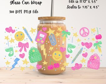 Preppy School Supplies and Matcha Hand-Drawn Digital Glass Can Wrap | Girly Back to School Design | Sublimation | UVDTF | Commercial Use