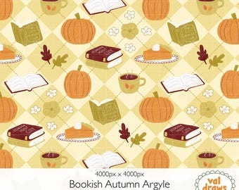 Bookish Autumn Argyle Digital Seamless Pattern | Cozy Fall Pumpkins Books Leaves Design | Hand-Drawn | Sublimation | Commercial Use