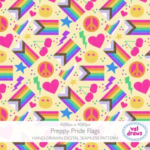 Preppy Pride Rainbow Flags Digital Seamless Pattern | Hand-drawn Faux Patchwork Applique | Commercial Use