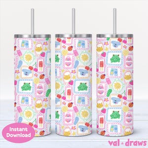 May include: Three stainless steel tumblers with a colorful pattern of summer-themed illustrations, including a sun, frog, cat, and popsicle. The tumblers have a silver lid and straw. The words "Instant Download" are visible on one tumbler.