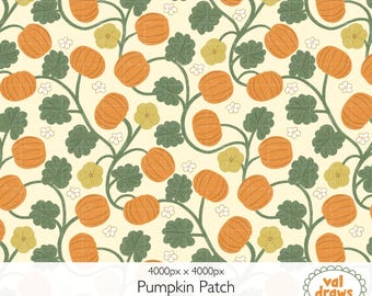 Fall Colors Pumpkin Patch Digital Seamless Pattern | Autumn Trailing Design | Hand-Drawn | Sublimation | Commercial Use