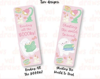 Cozy Bookish Ghosts Printable Bookmarks | Two Designs | Book Lover's Childlike Pastel Design with Teacups | Hand drawn | Commercial Use
