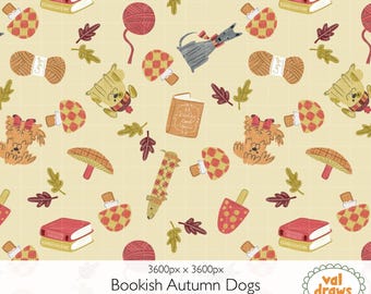 Bookish Autumn Dogs and Mushrooms Digital Seamless Pattern | Cozy Fall Knitting Crochet Book Design | Hand-Drawn | Commercial Use