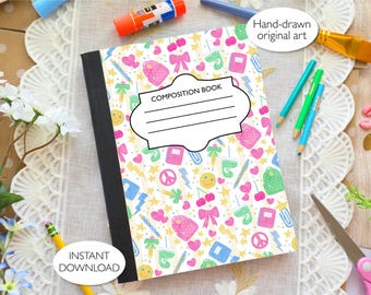 Preppy School Supplies and Matcha Printable Composition Notebook Cover PNG (Yellow) | PNG and SVG Label | Hand-drawn Art | Commercial Use