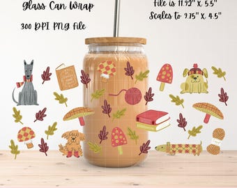 Bookish Autumn Dogs and Mushrooms Digital Glass Can Wrap | Cozy Fall Knitting Crochet Book Sublimation Design | Hand-Drawn | Commercial Use