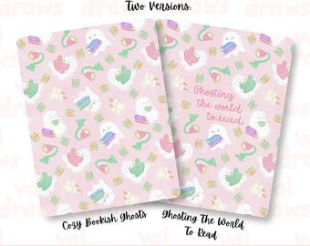 Printable Kindle Inserts | Cozy Bookish Ghosts | Childlike Pastel Design with Teacups | Two (2) Designs | Seven (7) Sizes | Commercial Use