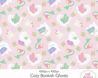 Cozy Bookish Ghosts Digital Seamless Pattern | Book Lover's Childlike Pastel Design with Teacups | Hand-Drawn | Commercial Use