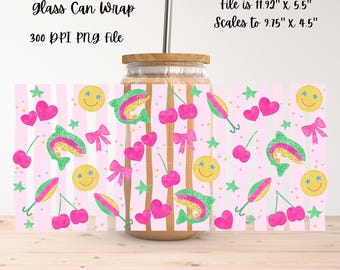 Preppy Rainbow Trout Striped Hand-Drawn Digital Glass Can Wrap | Girly Fishing Design | Commercial Use
