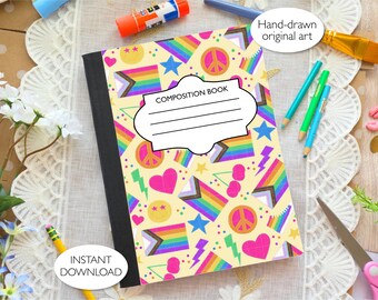 Preppy Pride Rainbow Flags Printable Composition Notebook Cover PNG | Label SVG | Hand-drawn Art | Commercial Use