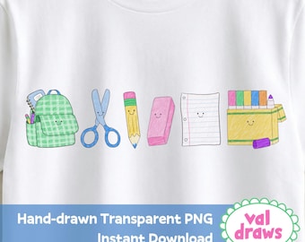 新学期PNG | 学用品Tシャツデザイン即時ダウンロード | ラフな子供っぽい色鉛筆画 | 手描き | 商用利用可