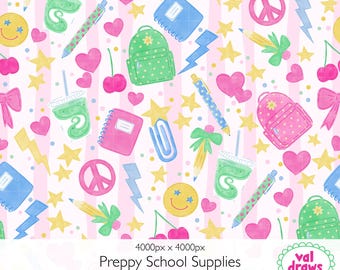 Preppy Back to School Digital Seamless Pattern | School Supplies and Matcha Sublimation Design | Pink Striped Background | Commercial Use