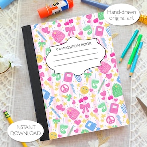Materiale scolastico preppy e copertina per quaderno stampabile Matcha PNG (rosa) / Etichetta PNG e SVG / Illustrazione disegnata a mano / Uso commerciale
