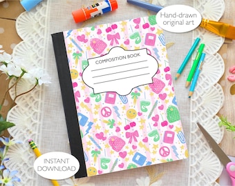Preppy School Supplies and Matcha Printable Composition Notebook Cover PNG (Pink) | PNG and SVG Label | Hand-drawn Art | Commercial Use
