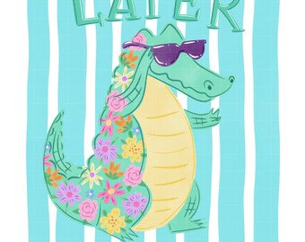 Later Gator PNG | Trendy Floral Coastal Summer Vibes | Hand-Drawn Hand-Lettered | Preppy Aqua Stripe Background | Commercial Use Design