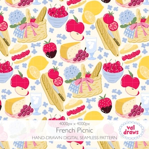 May include: A hand-drawn digital seamless pattern featuring a French picnic theme. The design includes picnic baskets, baguettes, cheese, grapes, cherries, apples, strawberries, and lemon slices. The color palette is soft, with pastel shades of pink, blue, yellow, and beige.