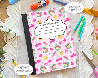 Preppy Rainbow Trout Girly Fishing Printable Composition Notebook Cover PNG | Label SVG | Hand-drawn Art | Commercial Use