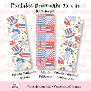 Puede incluir: Tres marcapáginas patrióticos, cada uno de aproximadamente 5 x 15 cm, con diseños únicos. Uno presenta un patrón de patchwork, mientras que los otros muestran símbolos patrióticos. El texto "Printable Bookmarks" está en la parte superior.